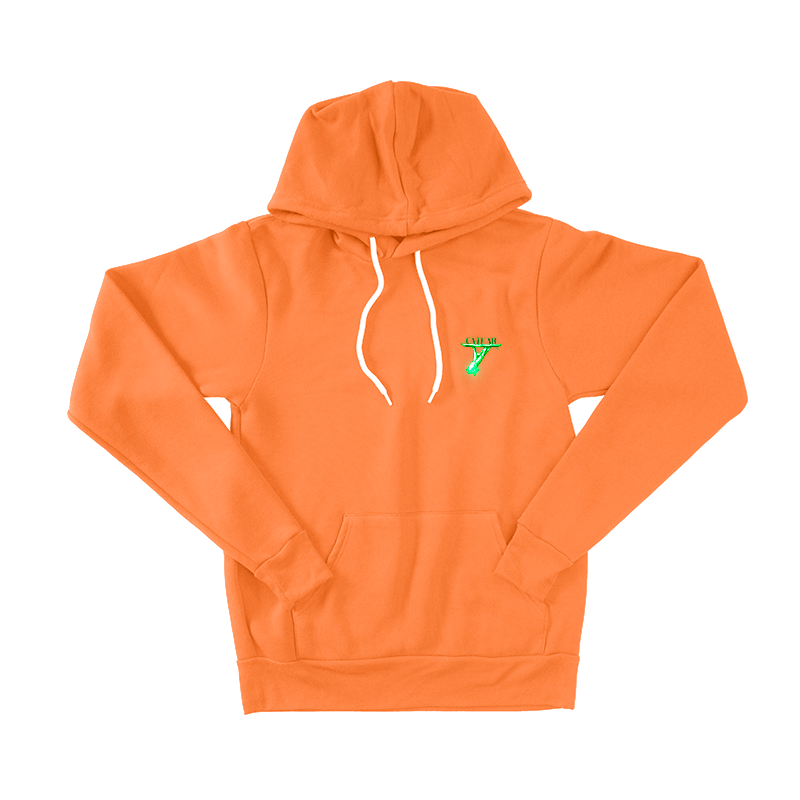 Front of orange Glow On 'Em Hoodie is crafted with Glow in the Dark embroidery thread for a unique look. This unisex hoodie is constructed from durable fabric with ribbed cuffs and a waistband for improved fit and style, featuring side seam construction, a white cord drawstring, and kangaroo pockets  The signature CTR logo is on the back collar in 3D Puff. 