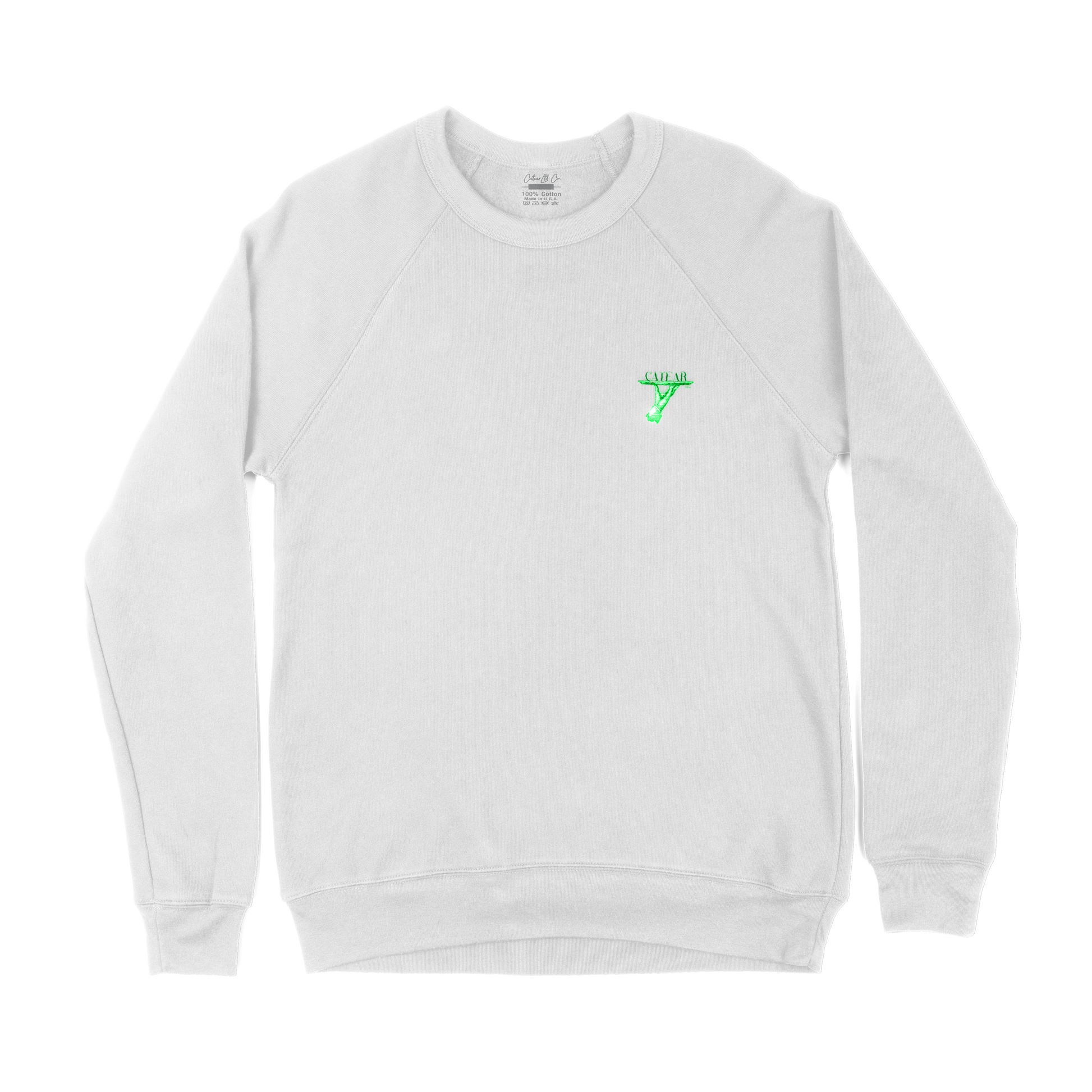Front of White Glow On 'Em Sweatshirt with Glow in the Dark Embroidery Thread, Unisex Sizing, Ribbed Cuffs, and 3D Puff CTR Logo on Back Collar for a Unique and Comfortable Look.