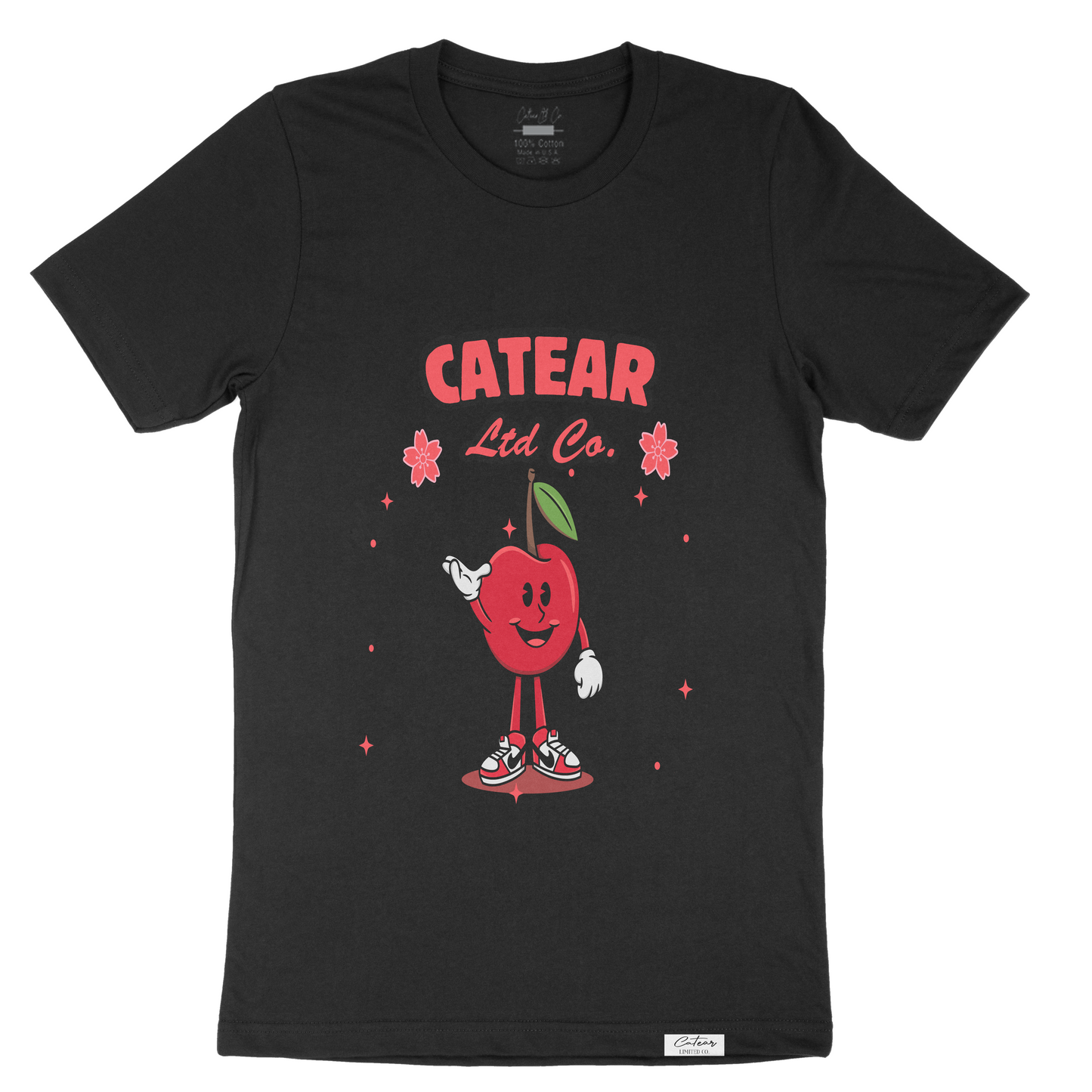 Unisex black color tee with hand-drawn cherry mascot screen printed on the front, woven label on bottom left 100% Cotton. Relaxed fit & great feel.