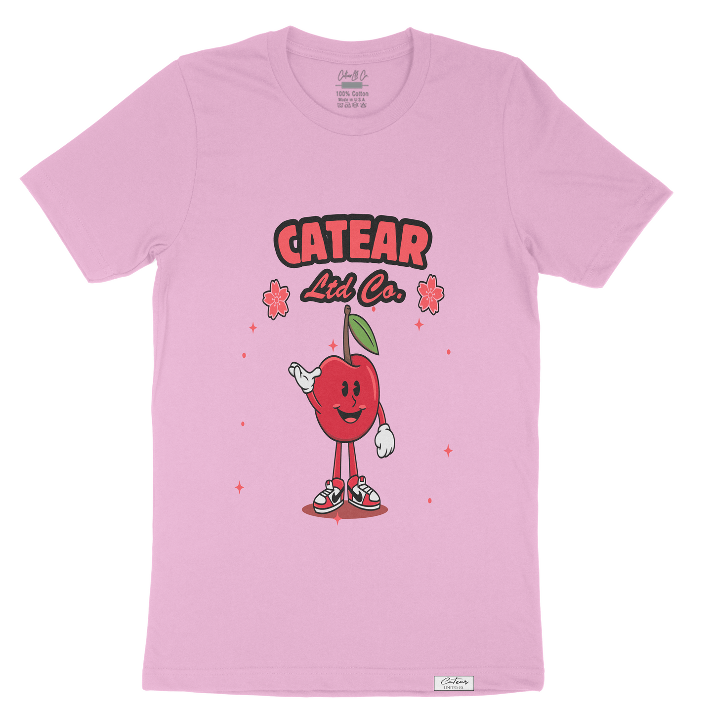 Unisex Lilac color tee with hand-drawn cherry mascot screen printed on the front, woven label on bottom left 100% Cotton. Relaxed fit & great feel.