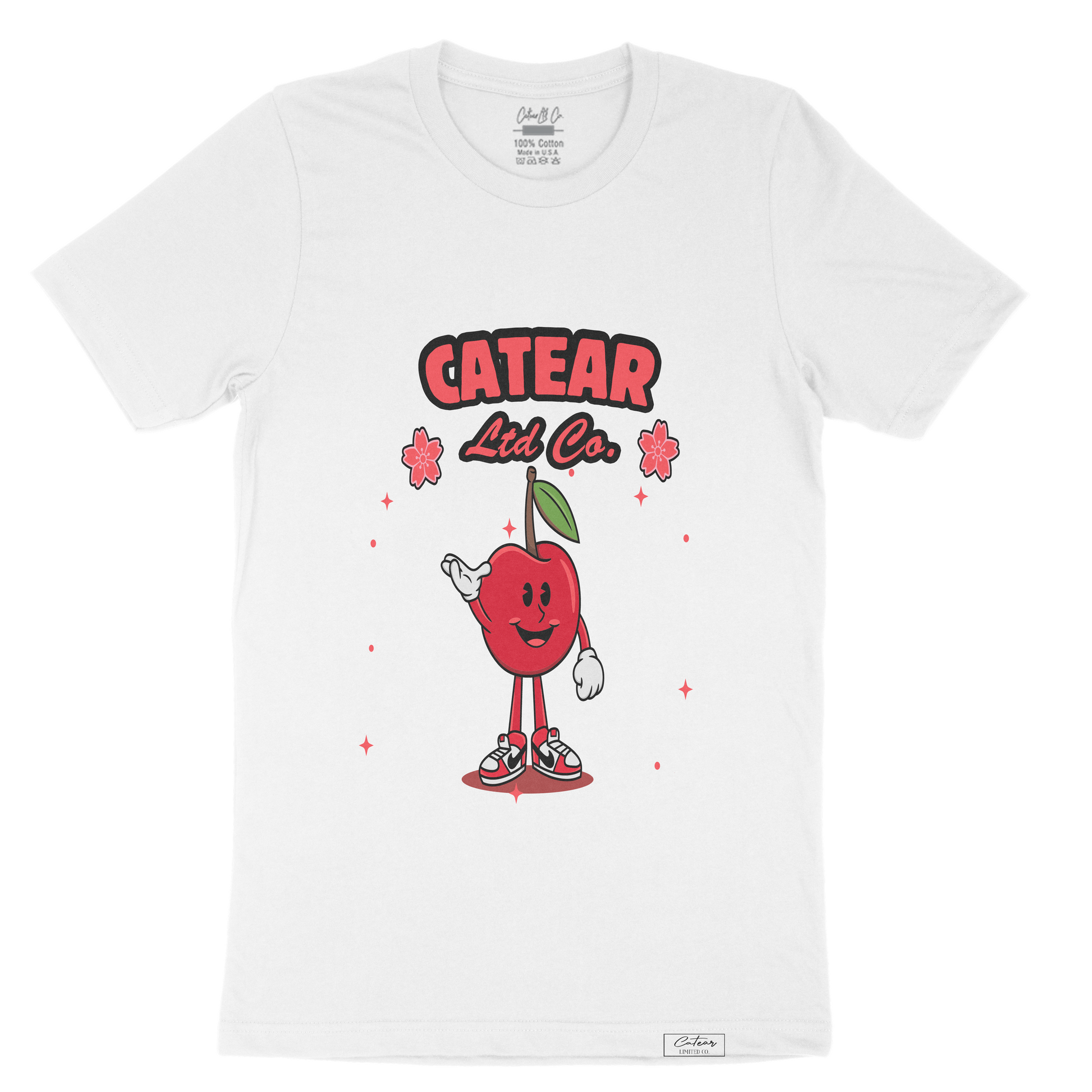 Unisex white color tee with hand-drawn cherry mascot screen printed on the front, woven label on bottom left 100% Cotton. Relaxed fit & great feel.