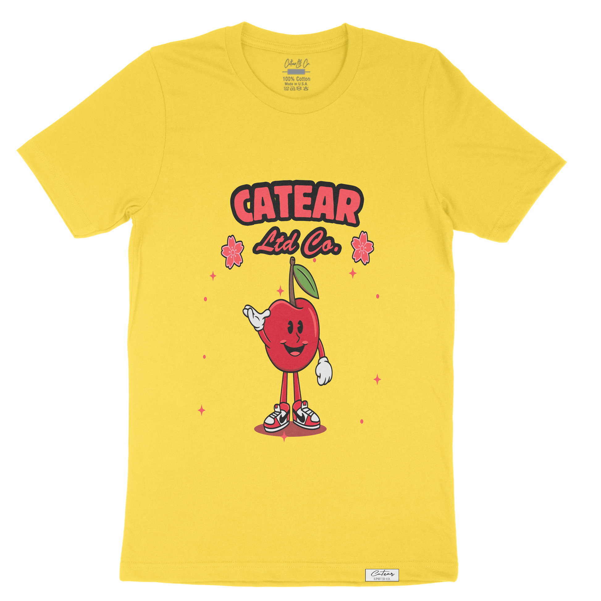 Unisex yellow color tee with hand-drawn cherry mascot screen printed on the front, woven label on bottom left 100% Cotton. Relaxed fit & great feel.
