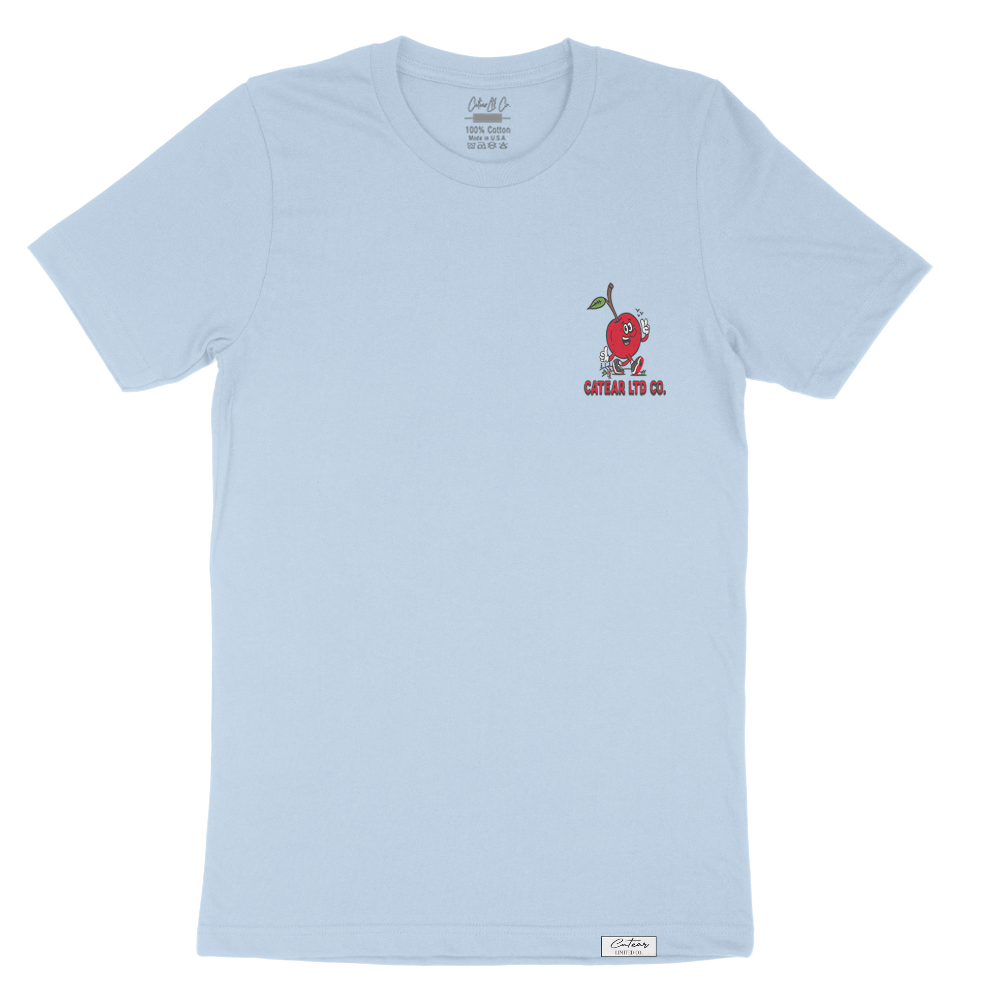 Unisex Baby Blue color tee with walking cherry & CATEAR brand name screen printed on the front left chest, woven label on bottom left. Relaxed Fit & great feel.