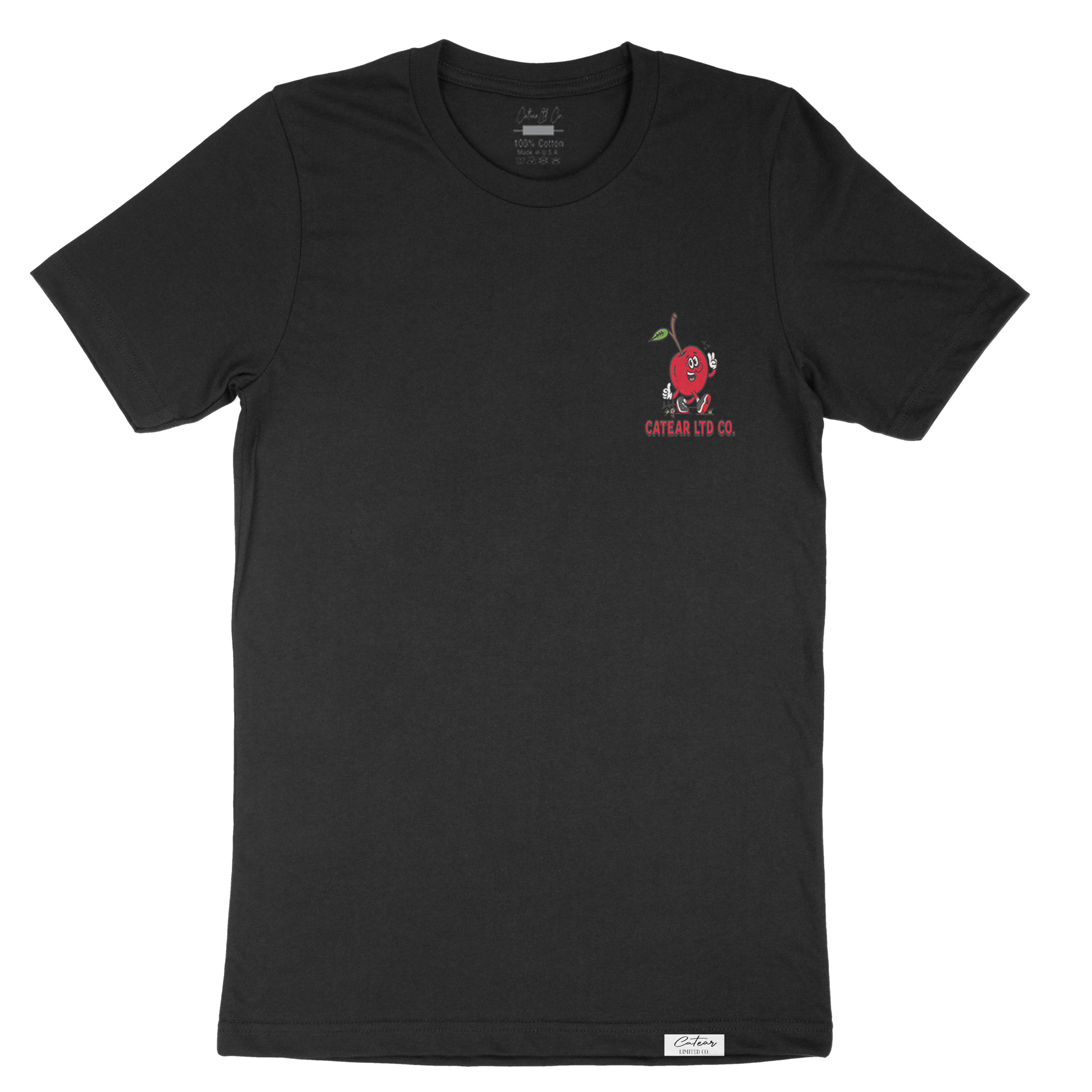 Unisex Black color tee with walking cherry & CATEAR brand name screen printed on the front left chest, woven label on bottom left. Relaxed Fit & great feel.
