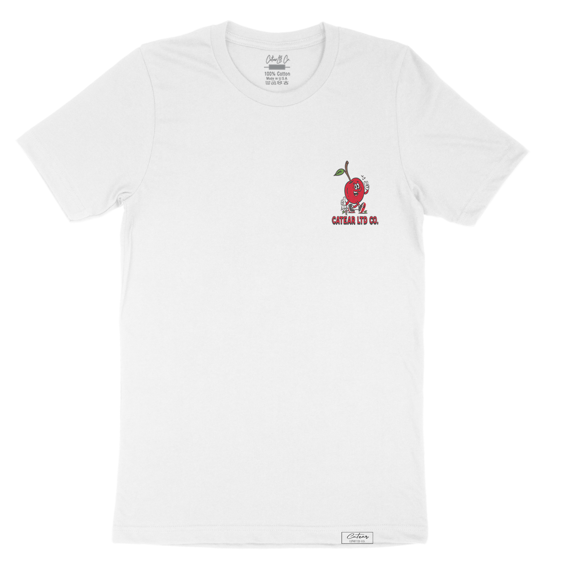 Unisex White color tee with walking cherry & CATEAR brand name screen printed on the front left chest, woven label on bottom left. Relaxed Fit & great feel.