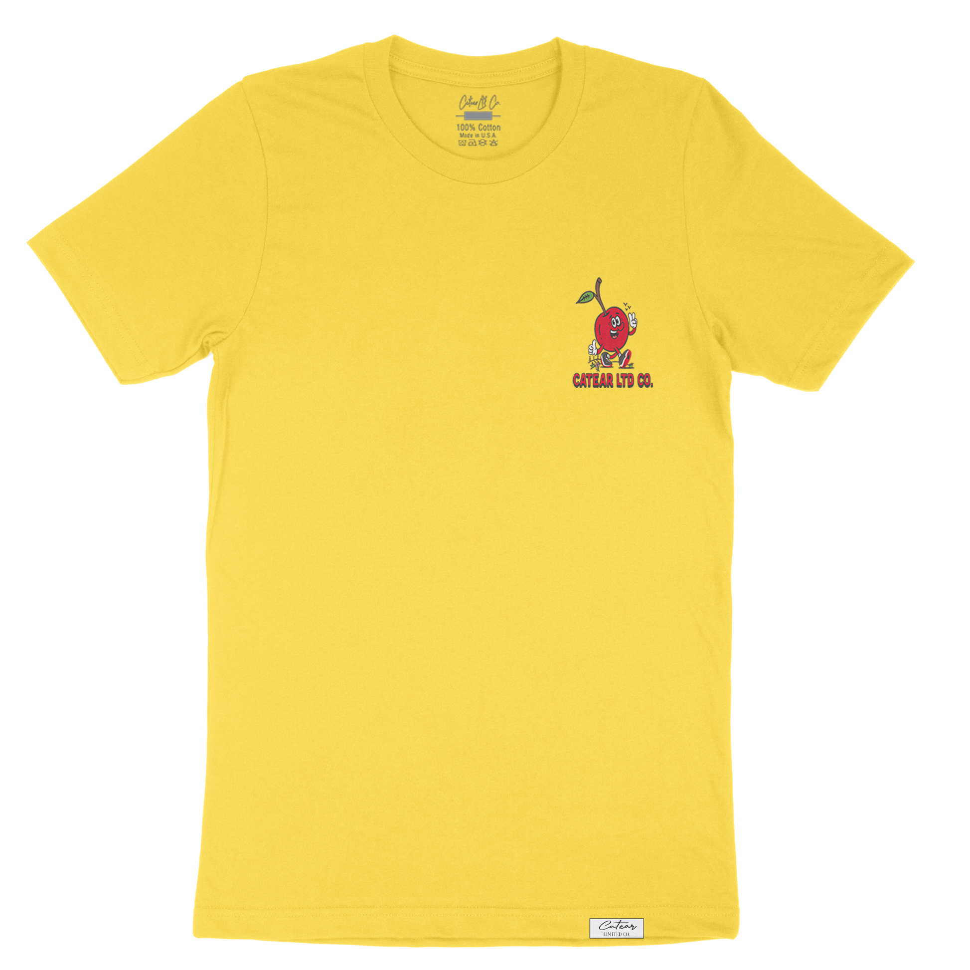 Unisex Yellow color tee with walking cherry & CATEAR brand name screen printed on the front left chest, woven label on bottom left. Relaxed Fit & great feel.
